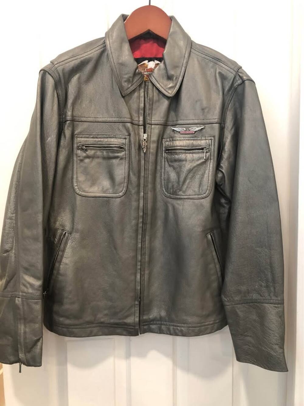 VTG H-D Women's Distressed Gray Leather Moto Jacket - Red Lining - Size Small